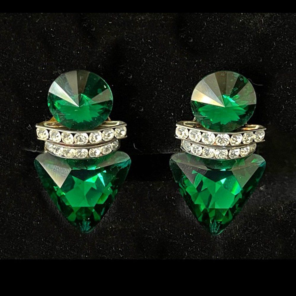 80's Emerald and Rhinestone Clip Earrings